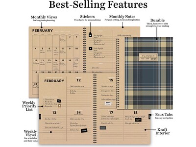 2023-2024 TF Publishing Tartan 9" x 11" Academic Weekly & Monthly Planner, Paperboard Cover, Kraft/Blue (AY24-9706)