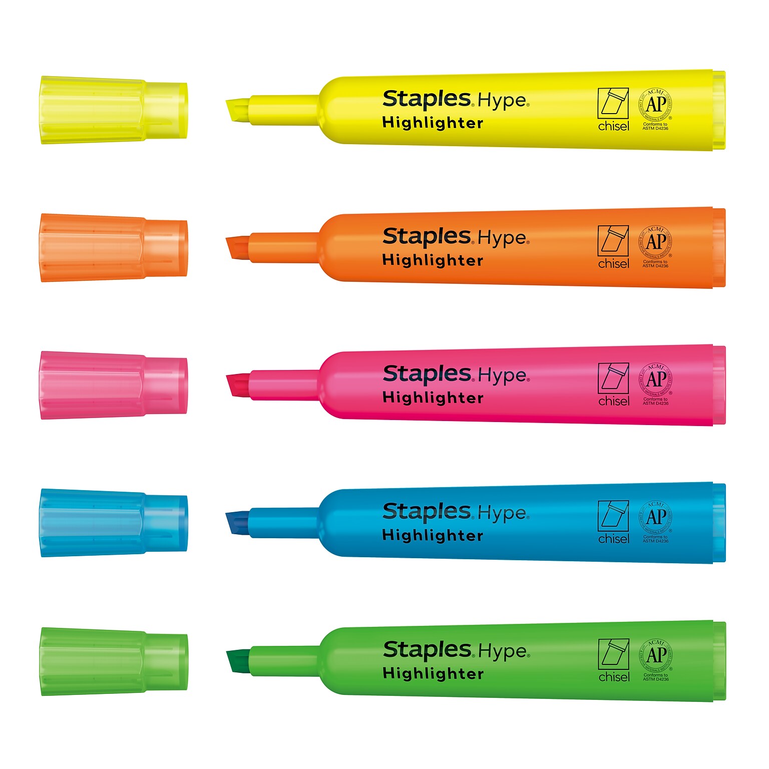 Staples Hype Tank Highlighters, Chisel Tip, Assorted, 5/Pack (29228)