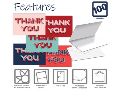 Better Office Thank You Cards with Envelopes, 4" x 6", Assorted Colors, 100/Pack (64525-100PK)