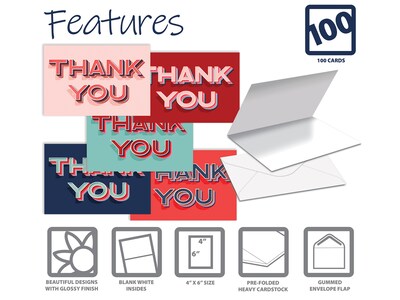 Better Office Thank You Cards with Envelopes, 4 x 6, Assorted Colors, 100/Pack (64525-100PK)