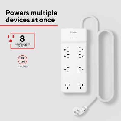 Staples TECH 8-Outlet Surge Protector, 6, 4500 Joules, White (ST62783)