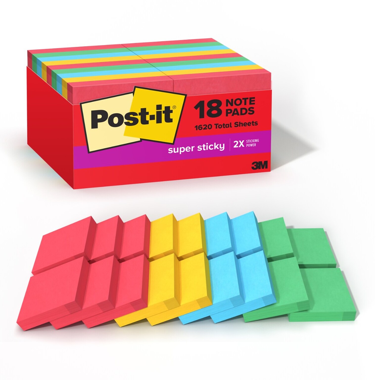 Post-it Super Sticky Pop-up Notes, 2 x 2, Playful Primaries Collection, 90 Sheets/Pad, 18/Pads (622-18SSAN-CP)
