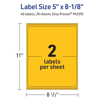 Avery Rectangle Laser/Inkjet Multipurpose Labels, 5" x 8-1/8", Bright Yellow (40/Pack)
