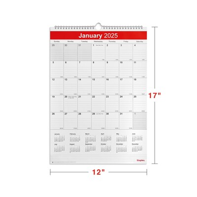 2025 Staples 12" x 17" Wall Calendar, White/Red (ST53913-25)