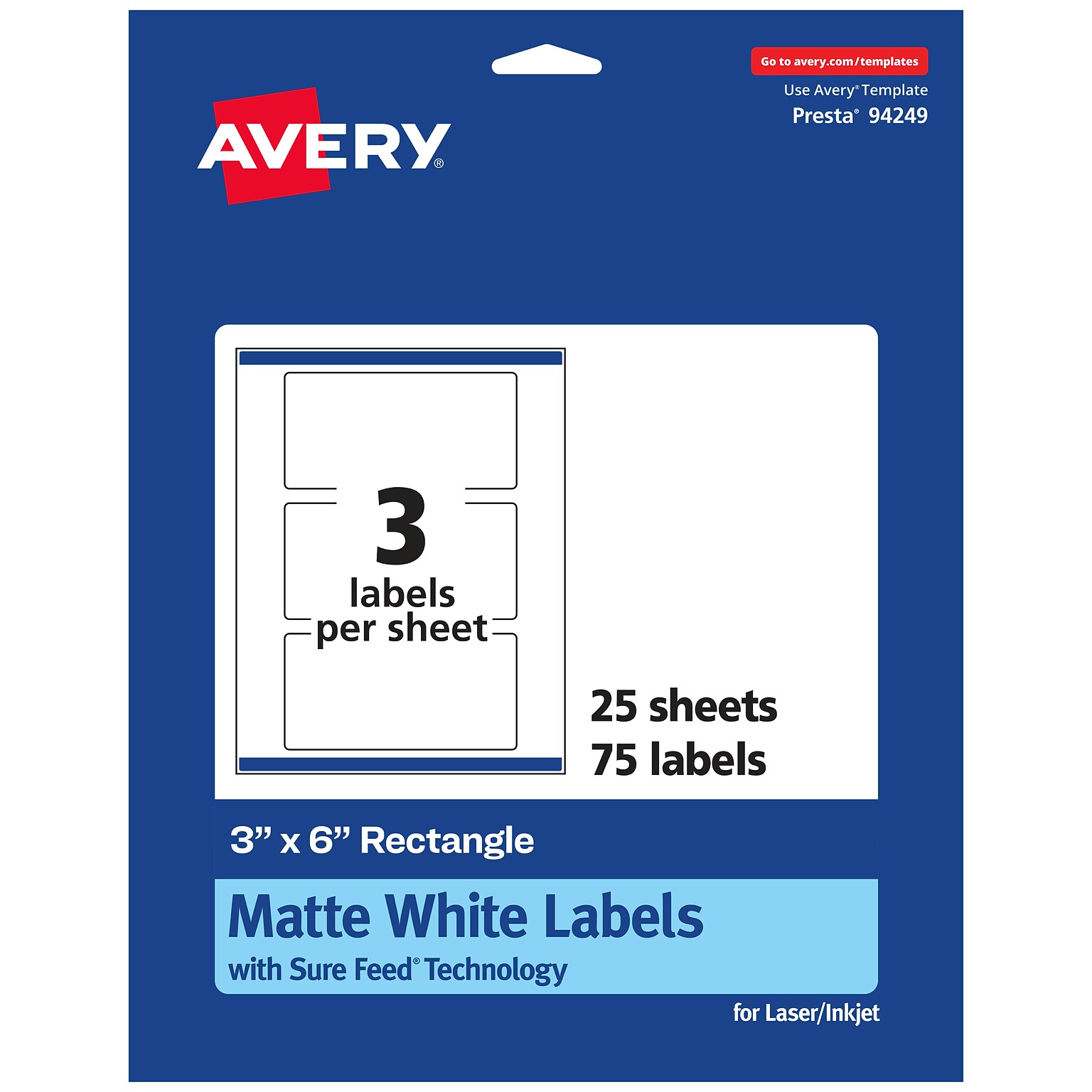 Avery Laser/Inkjet Rectangle Multipurpose Labels, 3 x 6, White, 75 Labels/Pack (94249)