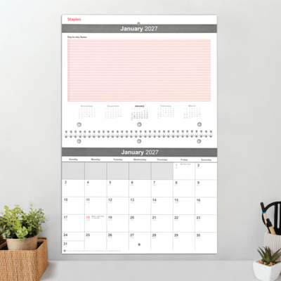 2027 Staples 11" x 8.5" Monthly Wall Calendar, White/Red/Gray (ST63591-27)