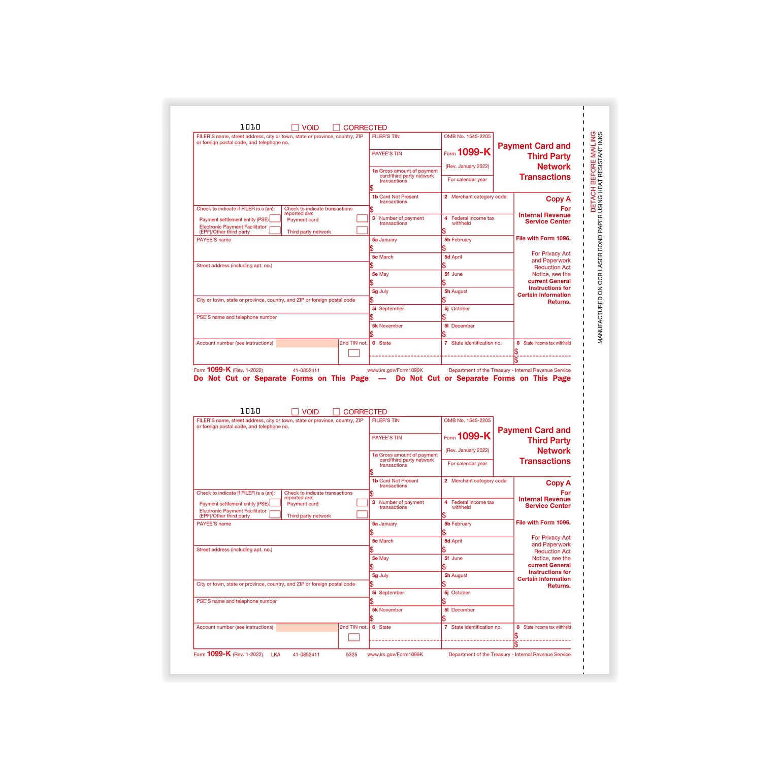 ComplyRight 2022 1099-K Tax Form, 2-Part, 2-Up, Copy A, 100/Pack (5325)