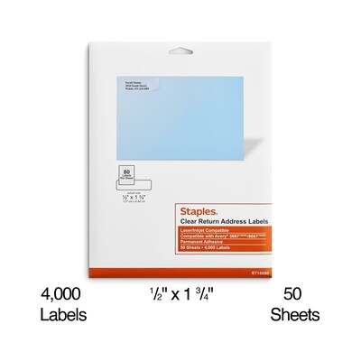 Staples® Laser/Inkjet Address Labels, 1/2" x 1 3/4", Clear, 80 Labels/Sheet, 50 Sheets/Pack, 4000 Labels/Box  (ST18080-CC)