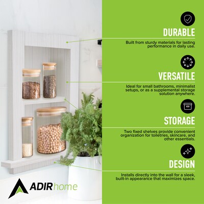 AdirHome 2-Shelf Recessed Wall Mount Shelf, 18" x 14" x 4.8", White (515-01-WHI)