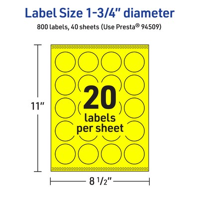 Avery Laser/Inkjet Round Multipurpose Labels, 1.75" Dia., Neon Yellow, 800/Pack (94509)