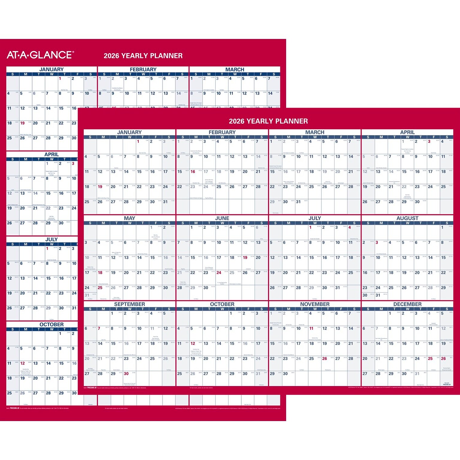 2026 AT-A-GLANCE 16 x 12 Yearly Wet-Erase Wall Calendar, Reversible, White/Red (PM330B-28-26)