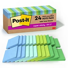 Post-it Recycled Super Sticky Notes, 3 x 3, Oasis Collection, 70 Sheet/Pad, 24 Pads/Pack (654R-24S