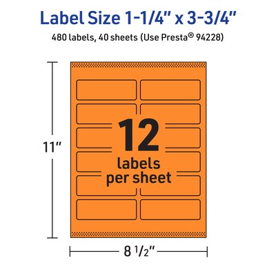 Avery Laser/Inkjet Multipurpose Rectangle Labels, 1.25" x 3.75", Bright Orange, 480/Pack (94228)