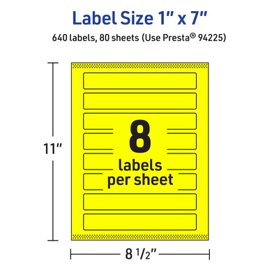 Avery Laser/Inkjet Multipurpose Rectangle Labels, 1" x 7", Neon Yellow, 640/Box (94225)