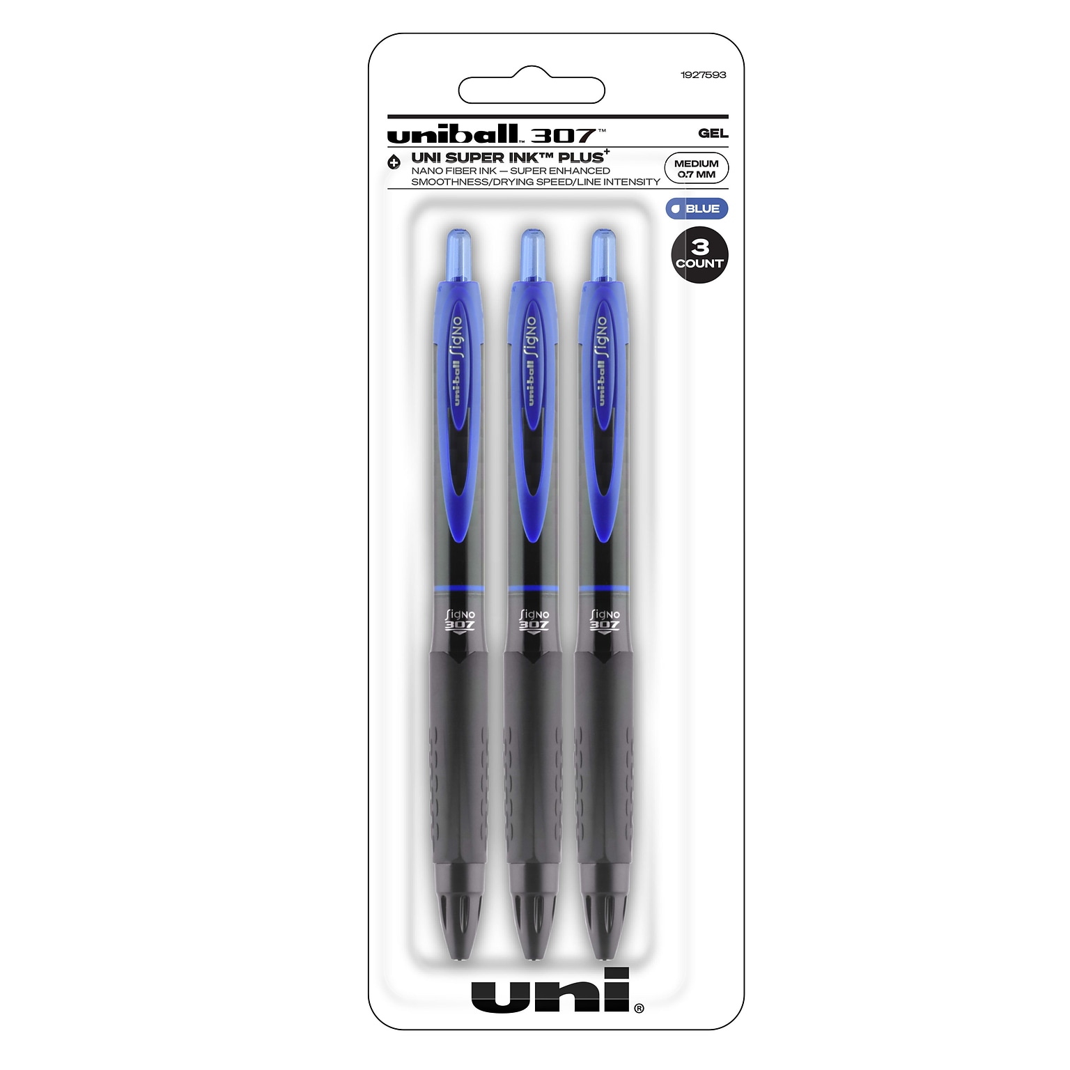 uniball 307 Retractable Gel Pens, Medium Point, 0.7mm, Blue Ink, 3/Pack (1927593)