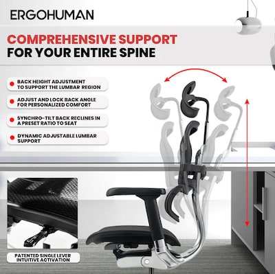 Eurotech Ergohuman Gen2 High-Back Mesh Office Chair w/ Headrest, Black (ME7ERG-GEN2-BLK)