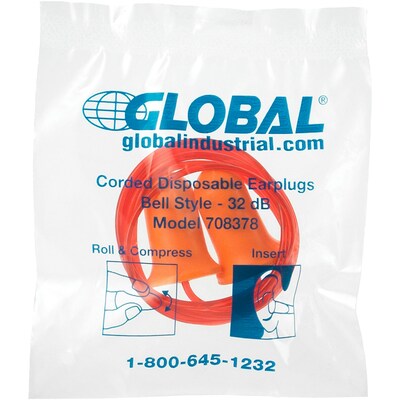 Global Industrial Bell Earplugs, Contour, Corded, NRR 32 dB, 100 Pairs/Box (708378)