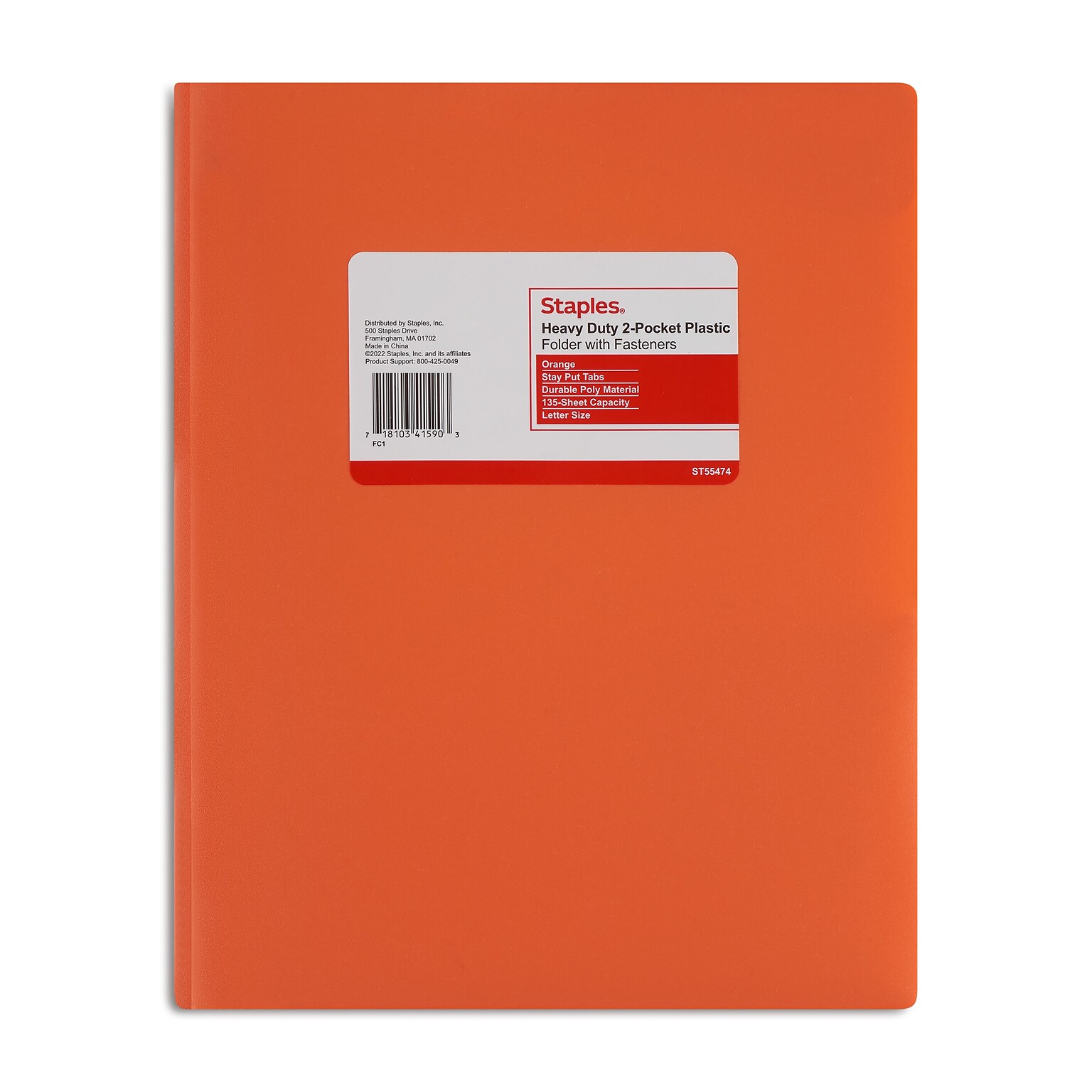 Staples 2-Pocket Portfolio with Fastener, Orange (55474)