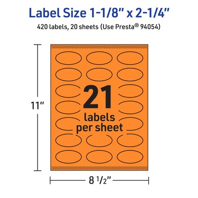 Avery Laser/Inkjet Multipurpose Oval Labels, 1-1/8" x 2-1/4", Bright Orange, 420/Pack (94054)