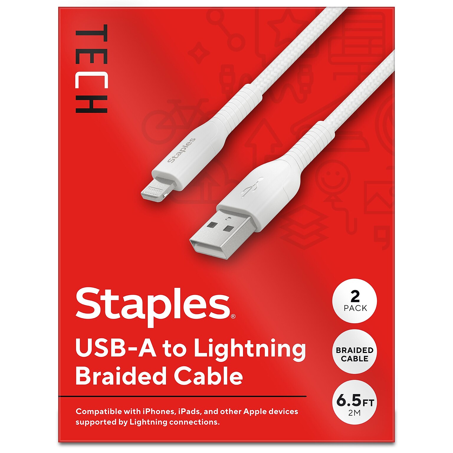 Staples TECH Lightning to USB-A Charging Cable, 6.6 ft., White, 2/Pack (ST62319)