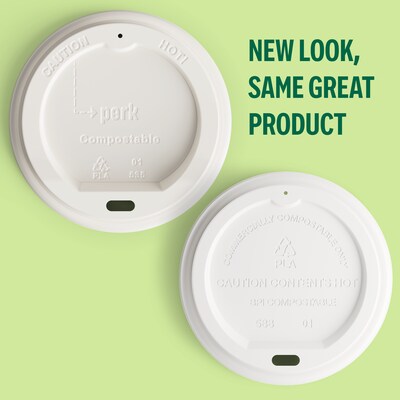 Perk™ Eco Compostable Plastic Hot Cup Lid, 10/12/16 Oz., White, 50/Pack (PK56218)