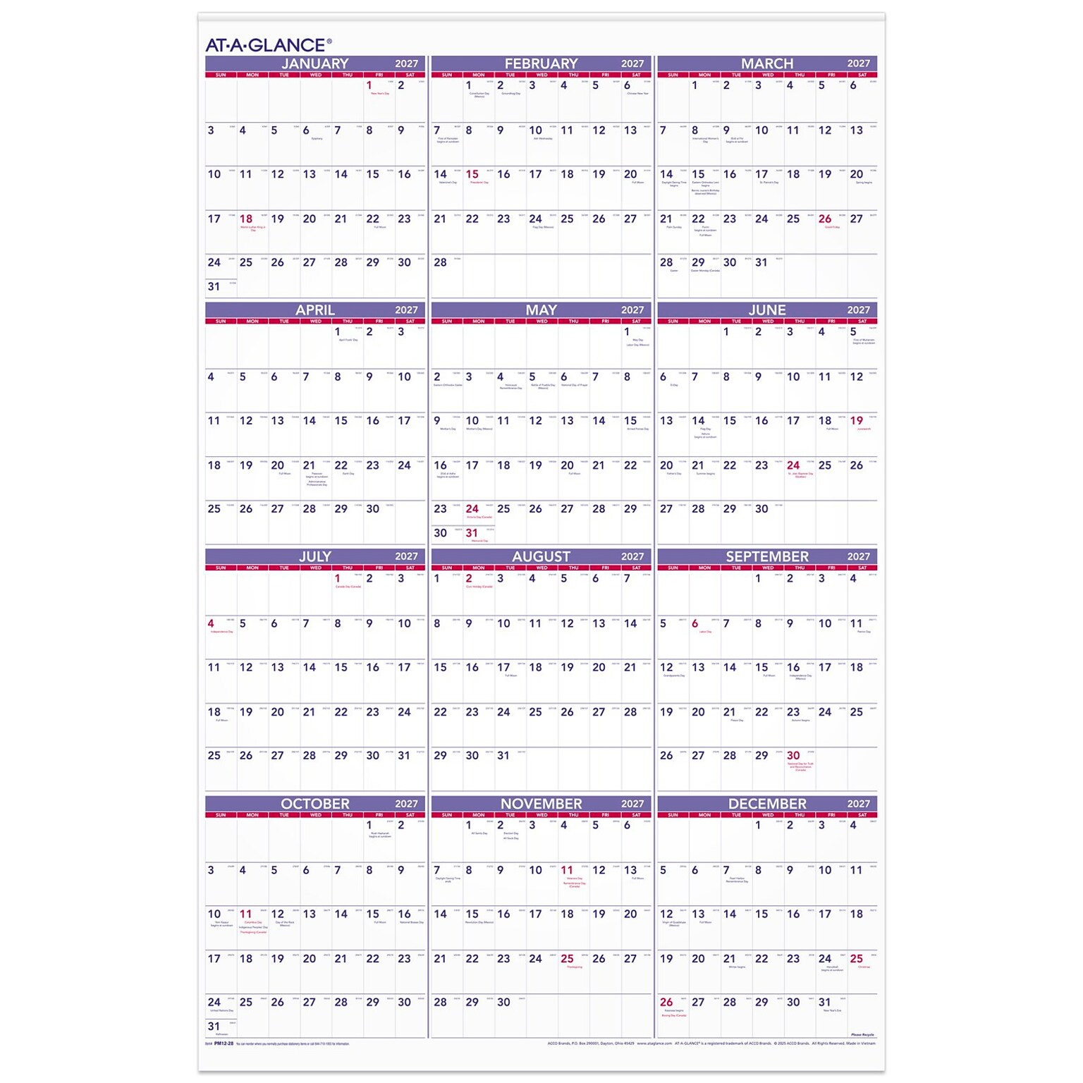 2027 AT-A-GLANCE 24 x 36 Yearly Wall Calendar, White/Purple (PM12-28-27)