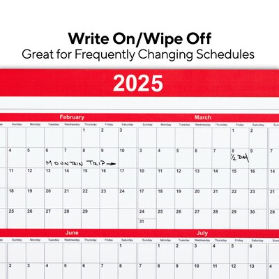 2025 Staples 15.69" x 12" Dry Erase Wall Calendar, Red/White (ST53905-25)