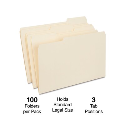 Quill Brand® File Folders, Assorted Tabs, 1/3-Cut , Legal Size, Manila, 100/Box (760137)