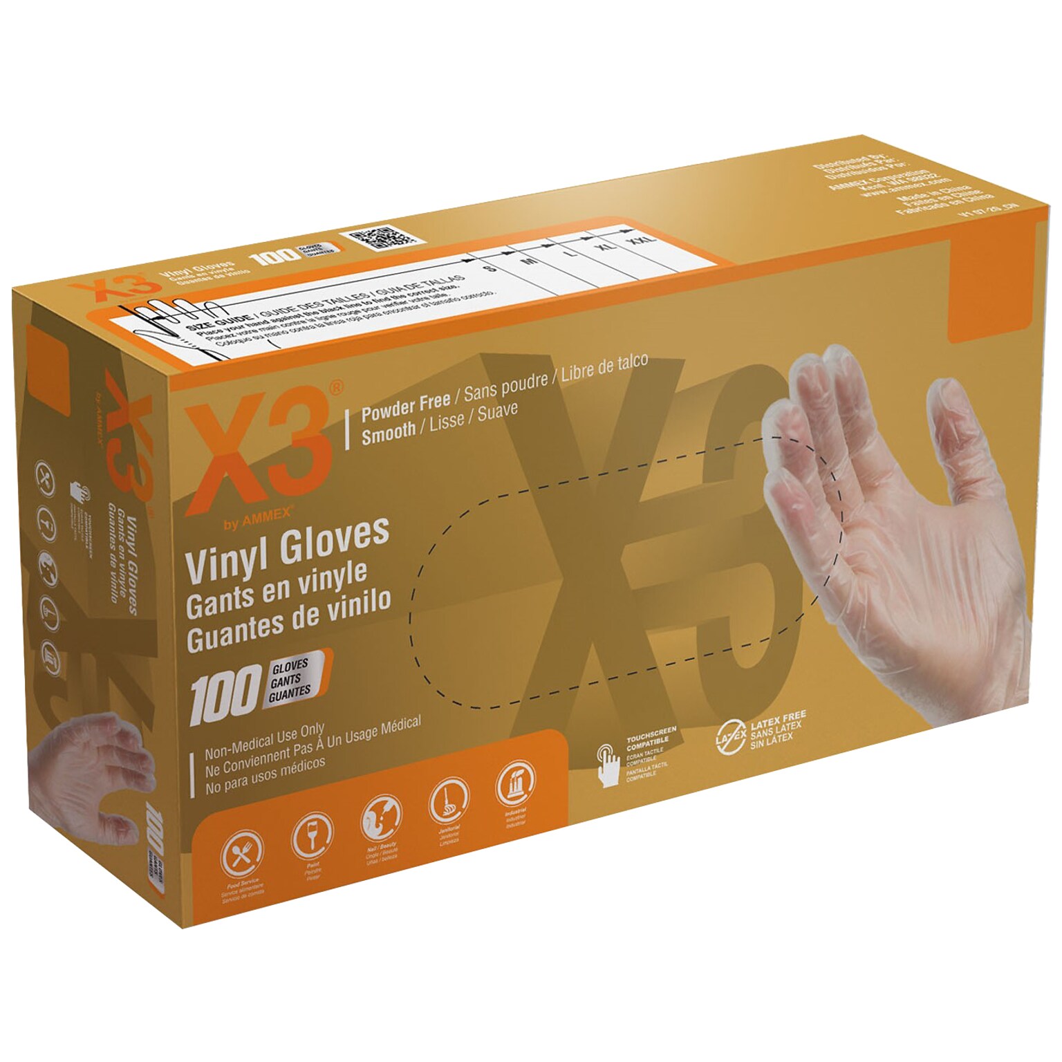 X3 Powder Free Vinyl Gloves, Latex Free, Clear, Small, 100/Box (GPX342100)