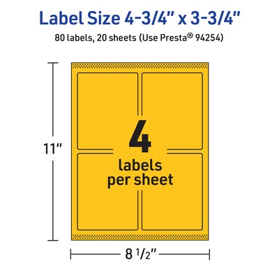 Avery Laser/Inkjet Rectangle Multipurpose Labels, 4.75" x 3.75", Bright Yellow, 80/Pack (94254)