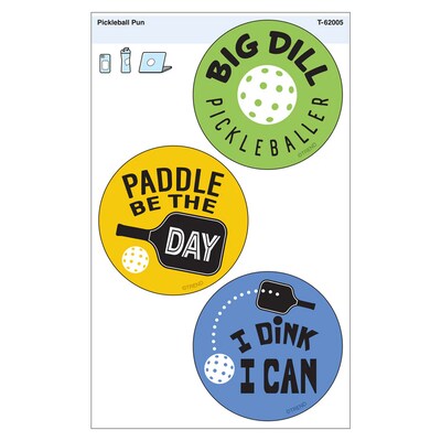 Trend Enterprises Pickleball Pun Vinyl Stickers, Multicolored, 3/Pack, 6/Packs/Bundle (T-62005-6)