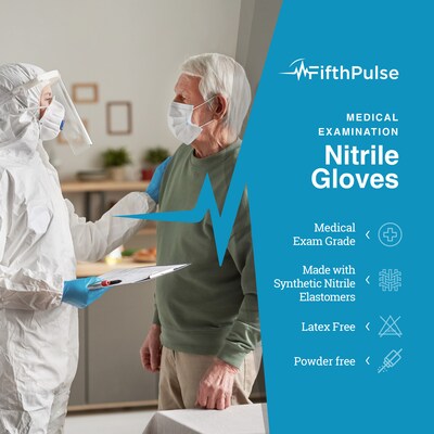 Fifth Pulse Powder Free Nitrile Exam Gloves, Latex Free, Large, Blue, 50 Gloves/Box (FMN100172)