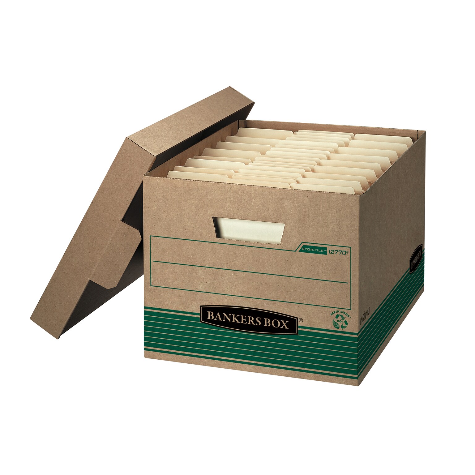 Bankers Box Medium-Duty 100% Recycled FastFold File Storage Boxes, Lift-Off Lid, Letter/Legal Size, Brown, 12/Carton (12770)