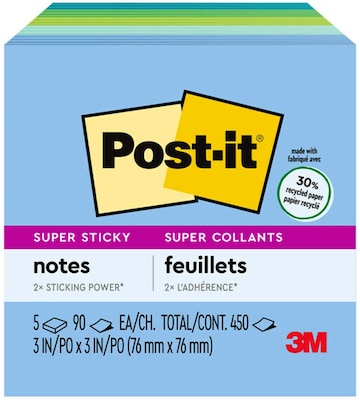 Post-it® Recycled Super Sticky Notes, 3 x 3, Oasis Collection, 90 Sheets/Pad, 5 Pads/Pack (654-5SS