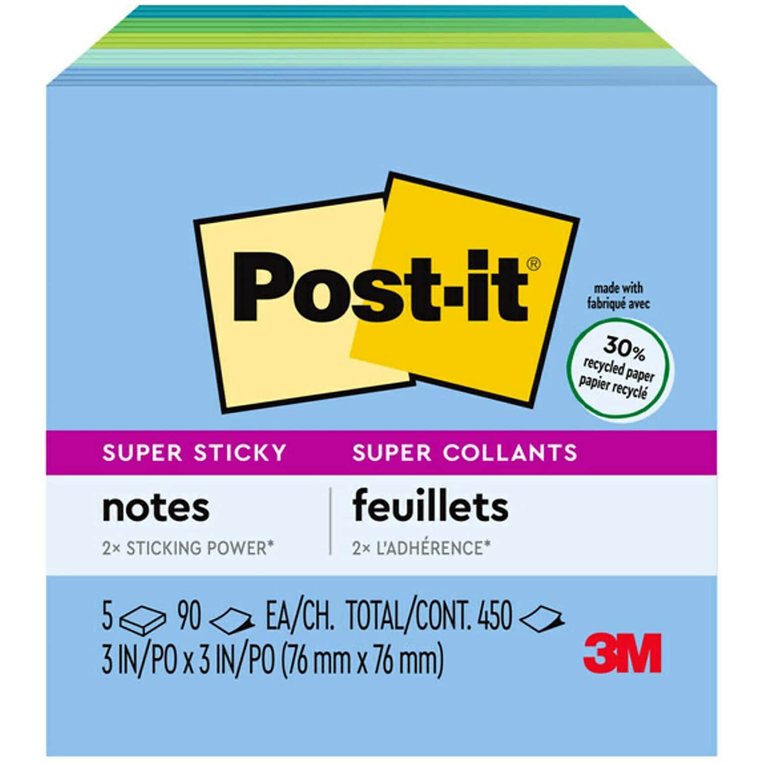 Post-it® Recycled Super Sticky Notes, 3 x 3, Oasis Collection, 90 Sheets/Pad, 5 Pads/Pack (654-5SST)