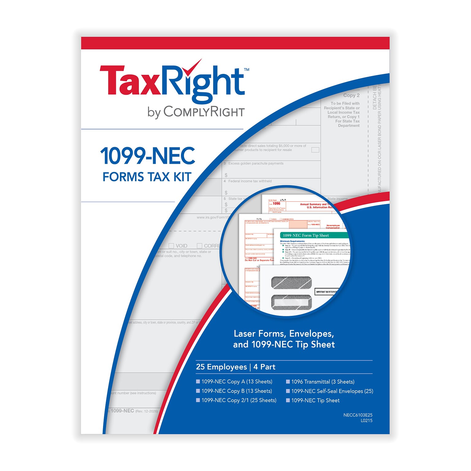 TaxRight 2026 1099-NEC Tax Forms Set with Envelopes, 4-Part, 25/Pack (NECSC6103E25)