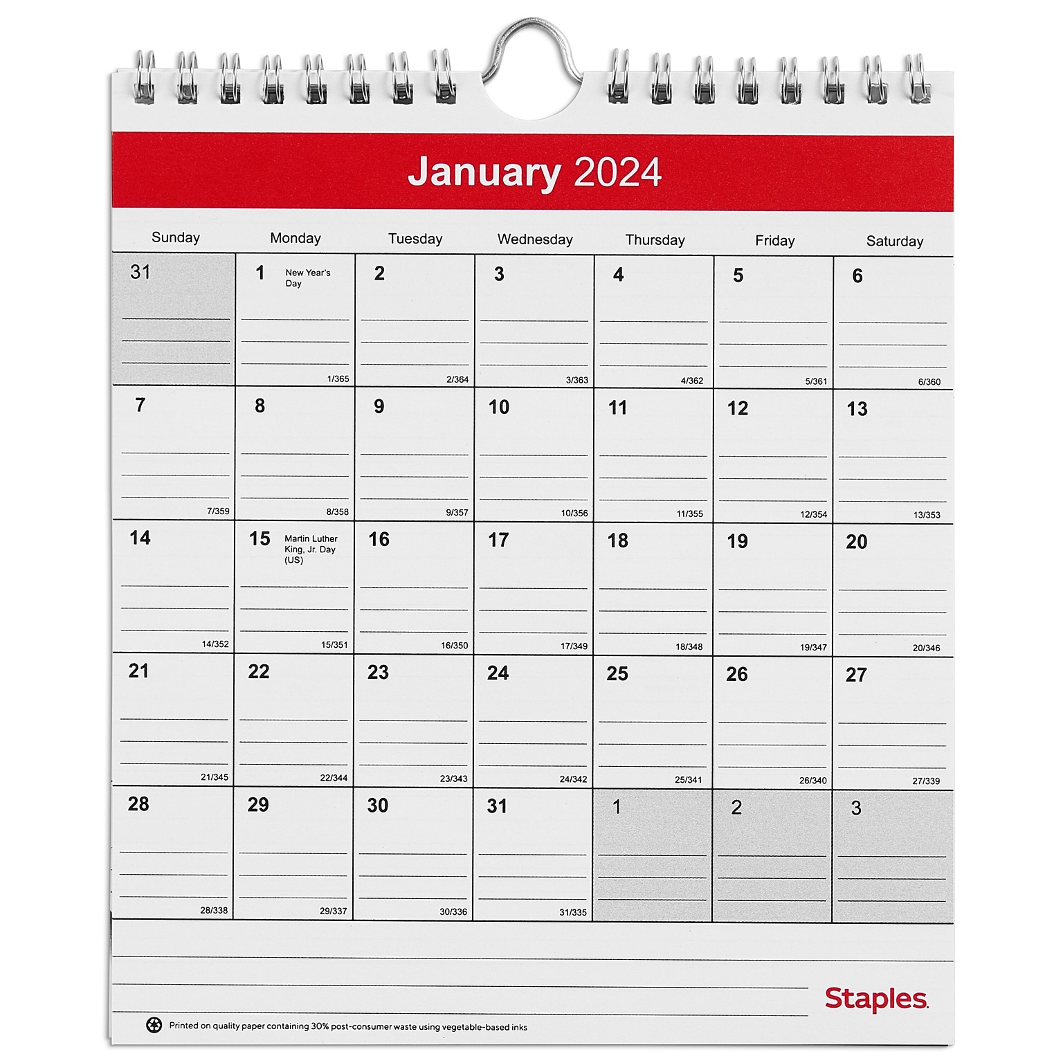 2024 Staples 6 x 7 Wall Calendar, Red/White (ST53923-24)
