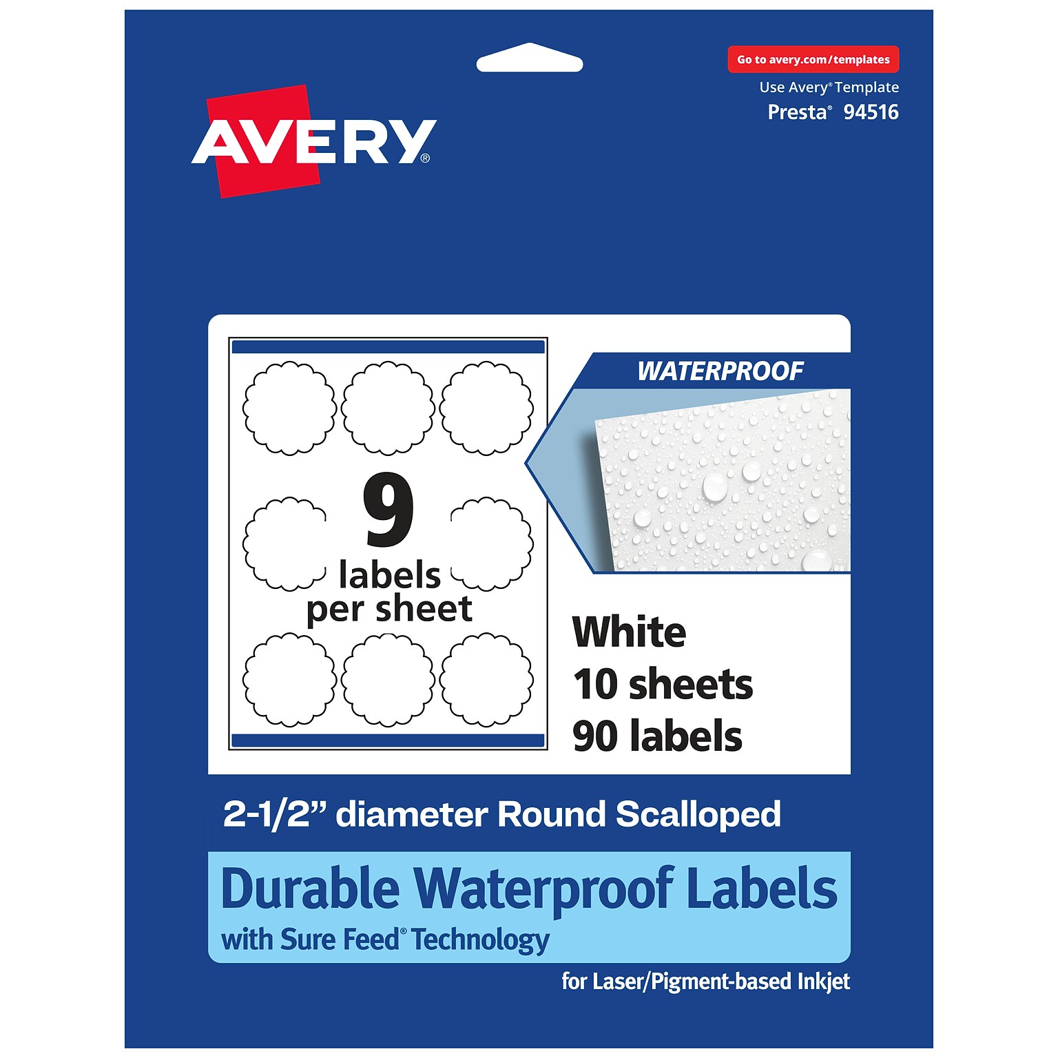 Avery Laser/Inkjet Decorative Edge Waterproof Multipurpose Labels, 2.5  x 2.5, White, 90/Pack (94516)