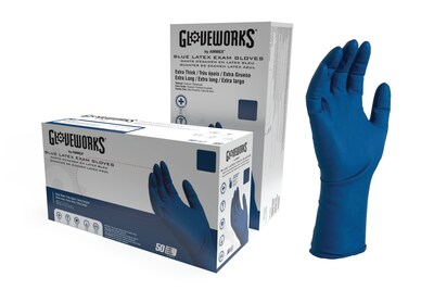 GloveWorks Powder Free Latex Food Safe Exam Gloves, Large, Blue, 50 Gloves/Box, 10 Boxes/Carton (GPLHD86100XX)