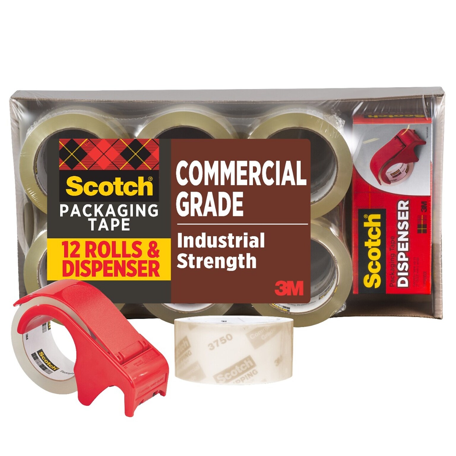 Scotch Commercial Grade Shipping Packing Tape, 1.88 x 54.6 yds., Clear, 12 Rolls/Pack (3750-12-DP3)