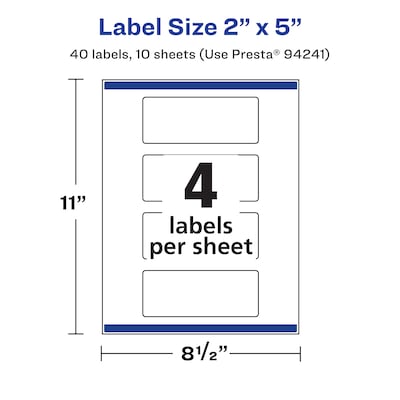 Avery Laser/Inkjet Rectangle Waterproof Multipurpose Labels, 5"  x 2", White, 40/Pack (94241)