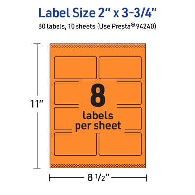 Avery Rectangle Multipurpose Labels, 2" x 3.75", Bright Orange, 80/Pack (94240)