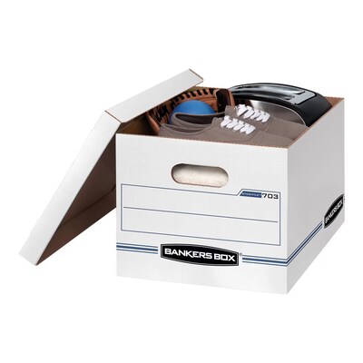 Bankers Box 703 4/Pack Standard-Duty Storage File Box, Lift Off Lid, Letter/Legal Size, White/Blue