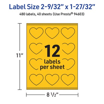 Avery Laser/Inkjet Heart Multipurpose Labels, 2-9/32" x 1-27/32", Bright Yellow, 480/Pack (94603)