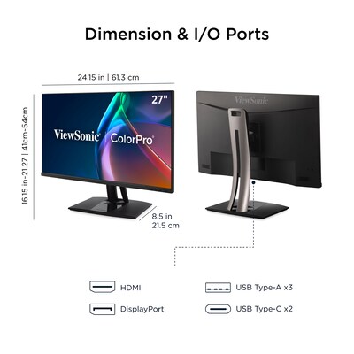 ViewSonic ColorPro 27" QHD 120Hz LCD Monitor, Built-In Speaker, Height Adjustable, Universal Docking Station, Black (VP2756A-2K)