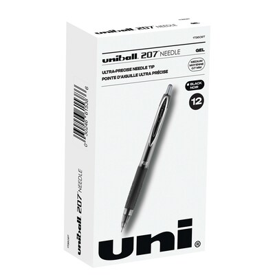 uniball 207 Needle Retractable Gel Pens, Medium Point, 0.7mm, Black Ink, Dozen (1736097)