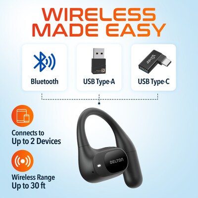 Delton O104 Open-Ear Wireless Bluetooth Earbuds with Charging Case, USB-C/A, Black (DBHO104)