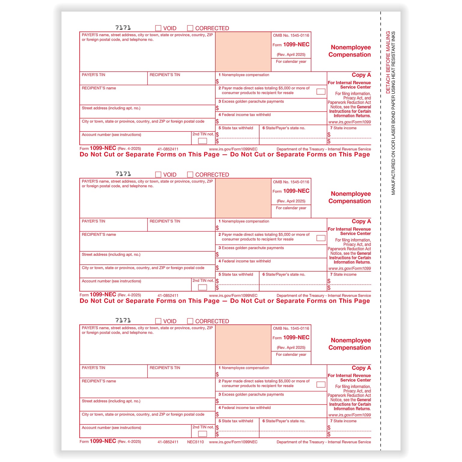 ComplyRight 2025 1099-NEC Tax Form, 1-Part, 3-Up, Federal Copy A, 50/Pack (NEC511050)