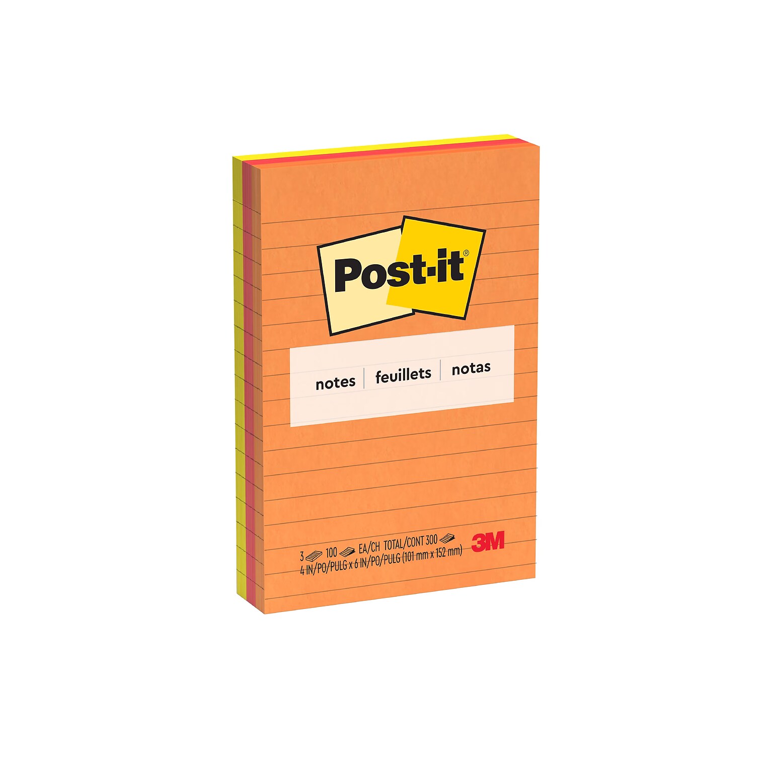 Post-it Sticky Notes, 4 x 6, Sunburst Collection, Lined, 90 Sheets/Pad, 3 Pads/Pack (660-3SUN)