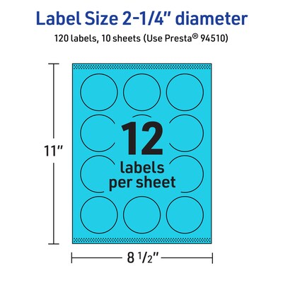Avery Laser/Inkjet Multipurpose Circle Labels, 2.25" Dia., Bright Blue, 120/Pack (94510)